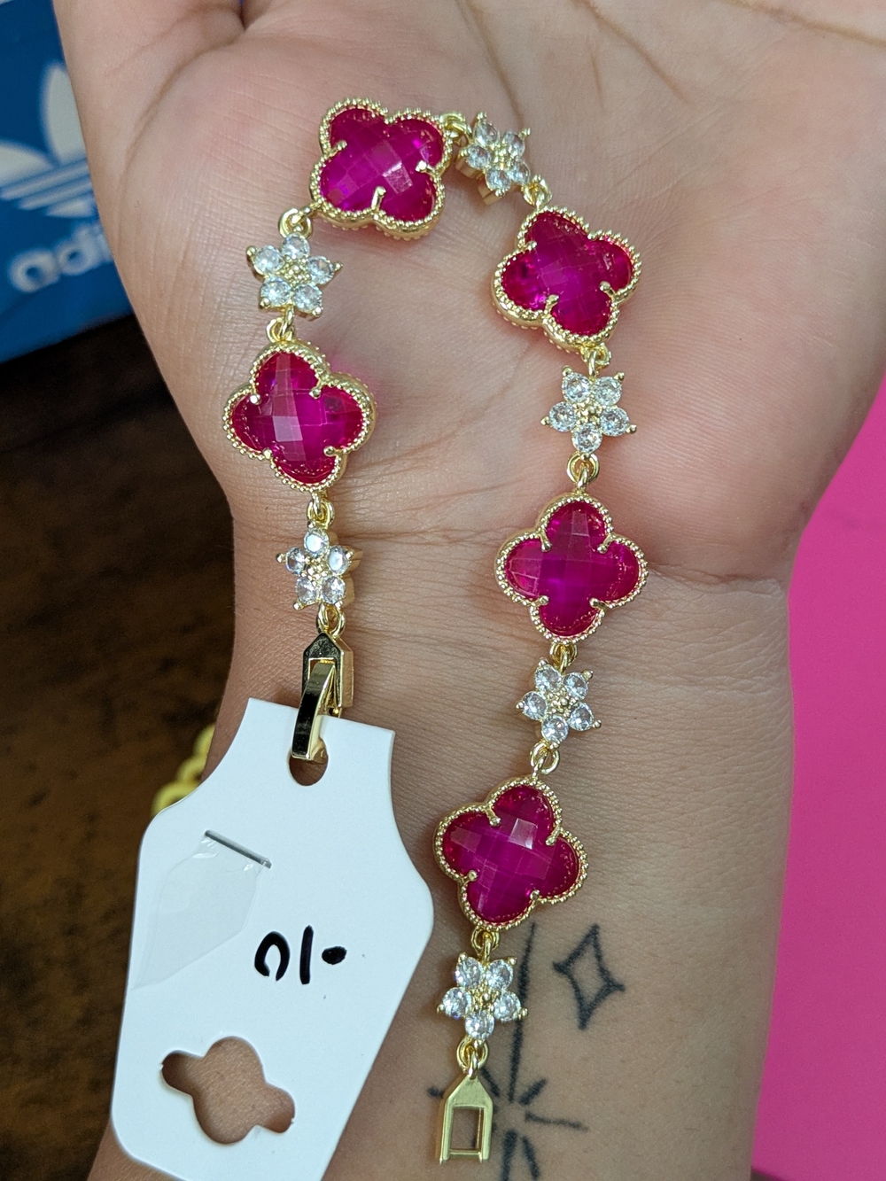 Gold-Plated Bracelet with Pink Clover Stones